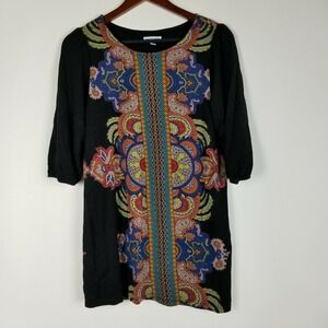 Cha Cha Venti Womens Tunic Size S Black Stretchy‎ Floral Mandolin Print Blouse